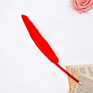 Elegant red feather ballpoint pen with fine quill texture detail for unique gift or office
