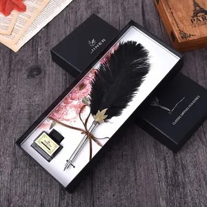 Britisches Retro Natur Straußenfeder Tauchfeder Set Mit Tinte Und Geschenkbox Vintage Kalligraphie Federkiel Zum Schreiben Büro Business Geschenk