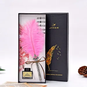Elegant pink feather dipping pen set with ink and 5 nibs in a black gift box.