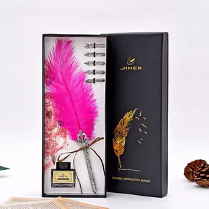 Detailed view of the elegant pink feather quill pen set with calligraphy nibs and ink