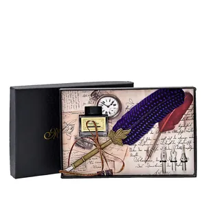 Vintage feather quill pen and ink gift set with purple spotted feather in elegant black box