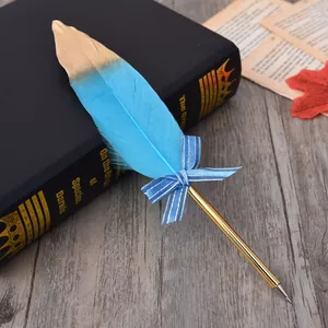 Elegant blue and gold feather quill pen with a striped bow on a vintage book backdrop.