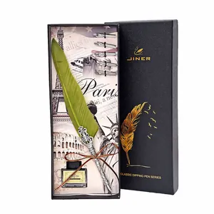 Vintage green quill pen gift set with crown nib holder and ink bottle in elegant box (86)