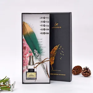 Set regalo penna d'oca verde smeraldo retrò con calamaio e pennini in scatola nera.