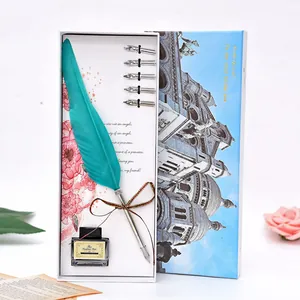 Set cadeau stylo plume sarcelle avec 5 pointes de rechange et encre en boîte déco