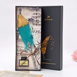 Vue détaillée d'un ensemble de stylos à plume vintage de luxe avec plumes et encre