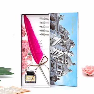 Vue détaillée du coffret cadeau plume rose avec plumes de rechange et encre
