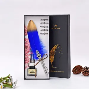 Set regalo penna piuma vintage blu e oro con inchiostro e cinque pennini in metallo