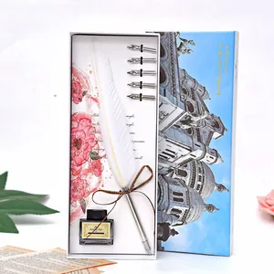 Vue détaillée d'un coffret cadeau stylo plume blanc avec plumes de rechange et encre