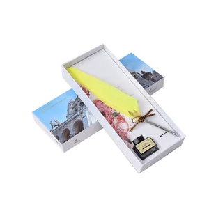 Élégant ensemble de stylo plume européen jaune avec flacon d'encre et boîte cadeau fleurie