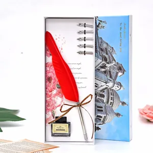 Vue détaillée d'un coffret cadeau stylo plume rouge avec encrier et cinq plumes en métal