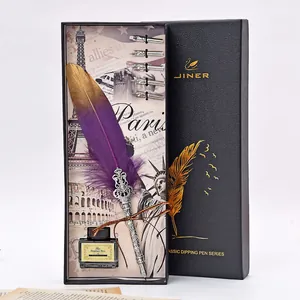 Vue détaillée du coffret cadeau stylo plume vintage violet or avec pointes calligraphie