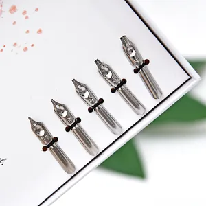 Vue macro montrant cinq plumes en acier inoxydable numérotées pour un coffret cadeau stylo plume