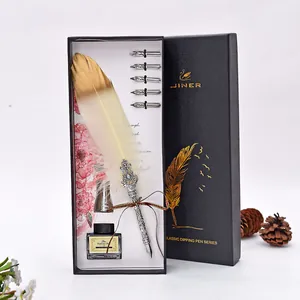 Set regalo penna piuma vintage con inchiostro e cinque pennini in scatola nera
