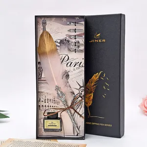 Coffret cadeau stylo plume vintage avec 5 plumes en métal et encre noire en boîte