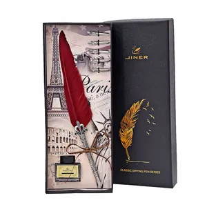 Retro feather dipping pen set with ink and 5 nibs in an elegant gift box