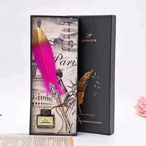 Coffret cadeau stylo plume vintage de luxe avec plume fuchsia dorée et pointes de rechange