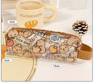 Cute transparent Capybara pencil case showing dimension marks 19x6x5cm