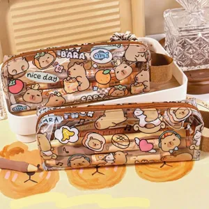 Capybara Transparent Pencil Case Large Capacity PVC Waterproof Stationery Bag Cartoon Animal Print School Pen Box With Handle