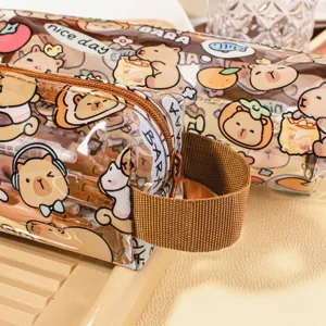 Close-up detail of a transparent Capybara pencil case showing the handle and cute prints