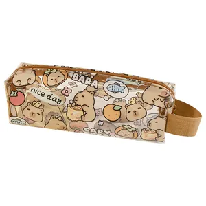 Cute transparent PVC capybara cartoon printed pencil case with a brown strap handle
