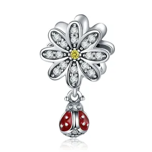 S925 sterling silver daisy flower and ladybug pendant charm bead for DIY bracelets