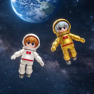Close-up of two cute resin miniature astronaut figurines floating in outer space scene