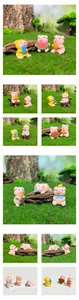 Collection of mini cartoon pig figurines in diverse micro-landscape creative poses.