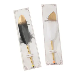 Detailansicht eleganter Kugelschreiber mit schwarzen und weißen Federn in Verpackung