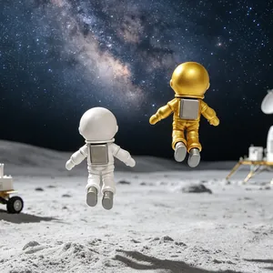 Miniature white and gold astronaut figurines floating over the lunar moon surface