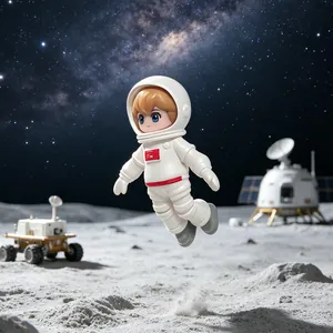 Detailed view of chibi astronaut resin figurine on cinematic lunar surface backdrop