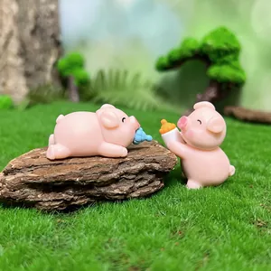 Adorable mini pink cartoon pig figurines for micro landscape and desktop ornament decor