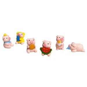 Cute set of 6 mini cartoon pig figurines for micro landscape and cake topper decor.