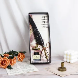 Retro feather quill pen set close-up with replacement nibs and ink