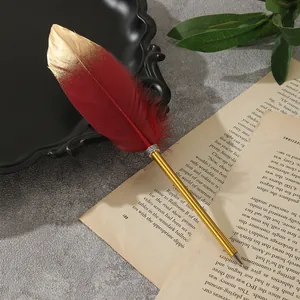 Detailaufnahme eines rot-goldenen Federkugelschreibers auf alten Buchseiten liegend
