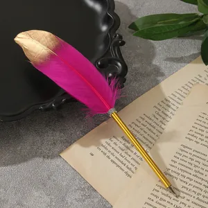 Nahaufnahme eines eleganten rosa Federkugelschreibers mit goldener Spitze auf Buchseite