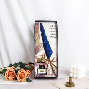 Detailed view of vintage blue feather quill pen set with ink and nibs in a gift box set