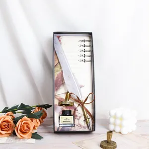 Vintage feather pen calligraphy gift set with ink and nibs in a decorative box