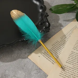Eleganter türkisfarbener und goldener Federkugelschreiber auf einer Vintage-Buchseite für Geschenke