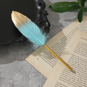 Detailansicht eines kreativen Federkugelschreibers in Türkis und Gold auf altem Buch.
