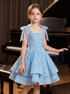 Sequin Mesh Bow Children Princess Dress Light Blue Sleeveless Flower Girl Wedding Party Formal Performance Gown For Girls