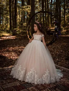 Elegant lace sleeveless flower girl gown with pearl belt and tiered mesh skirt for wedding