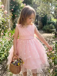 Charmant meisje in roze gelaagde prinsessenjurk met madeliefjes in een zonnige tuin
