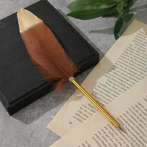 Nahaufnahme von elegantem braunem Federkugelschreiber mit Goldspitze auf Vintage-Papier