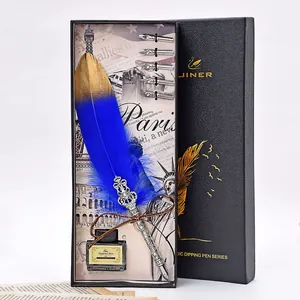 Coffret cadeau plume de calligraphie luxe bleue et dorée avec plumes et encre noire