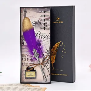 Vue détaillée d'un ensemble cadeau de plume d'oie violette de luxe avec encre et plumes