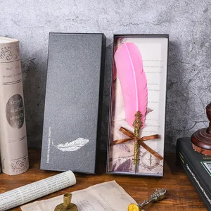 Vintage roze veer dip pen set in zwarte geschenkdoos met klassiek Europees ontwerp