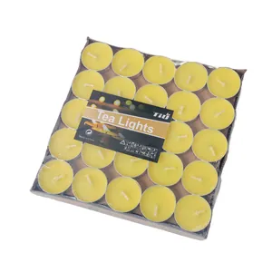25-pack of yellow round tea light candles in silver metal cups for wedding and tea