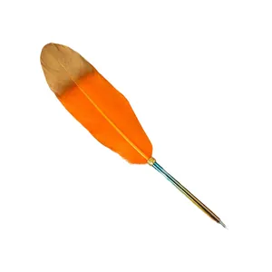 Elegant vintage orange and gold feather quill pen with iridescent gradient metal handle