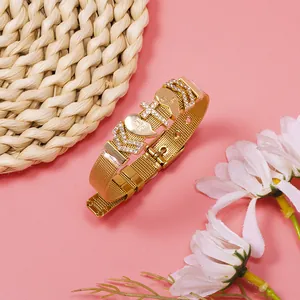 Elegant gold mesh bracelet with rhinestone heart and cross charms for best friends